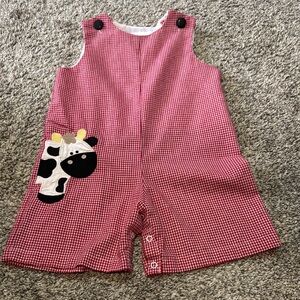 Red Gingham Kids Overalls with Cow Patch